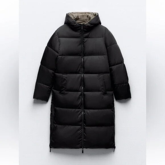 New Zara Long Reversible Puffer Anorak Black/Green Puffer Jacket Coat XS NWT - Picture 8 of 15